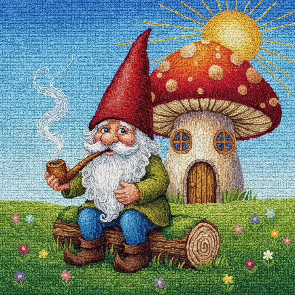 Colorato ricamo di un simpatico gnomo accanto a una casa fungo
