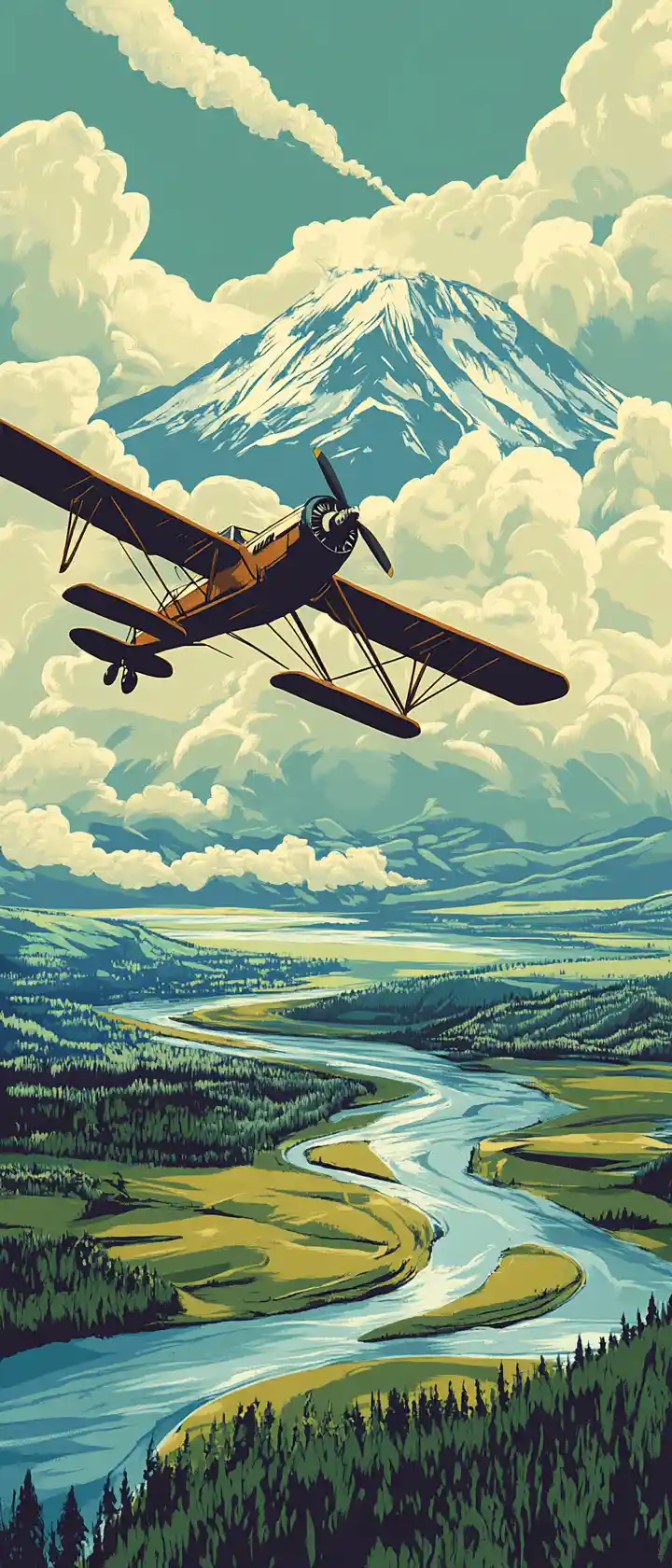Aereo vintage in linoleografia che sorvola fiume e montagne