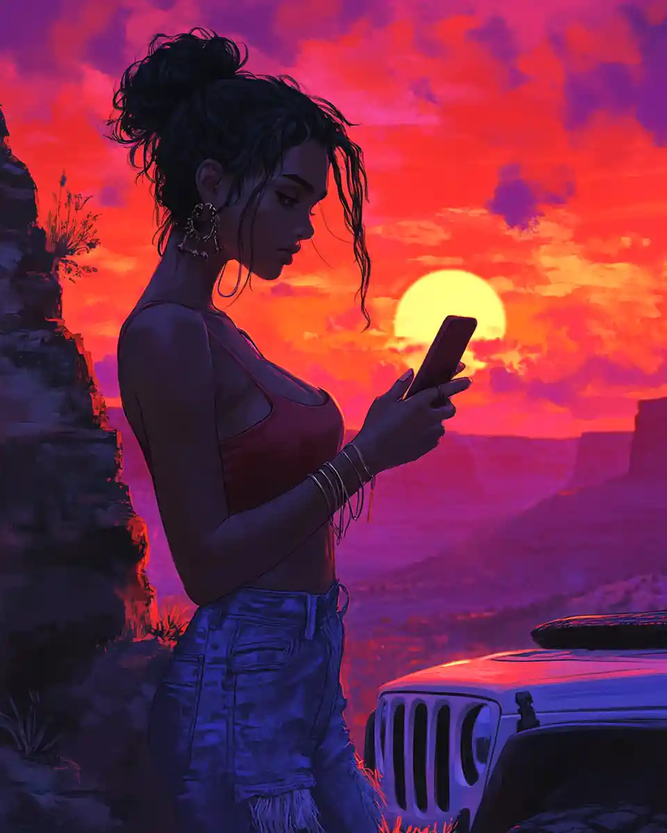 沙漠夕陽下在吉普車旁的酷女孩