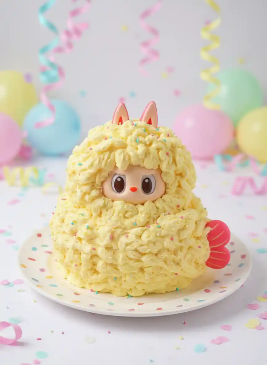 Niedliche Sahnetorte zum Geburtstag vor farbenfrohem, verspieltem Hintergrund