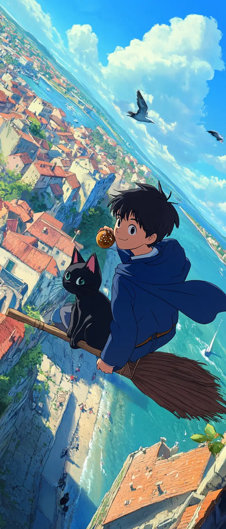 Young wizard and cat flying above a coastal town