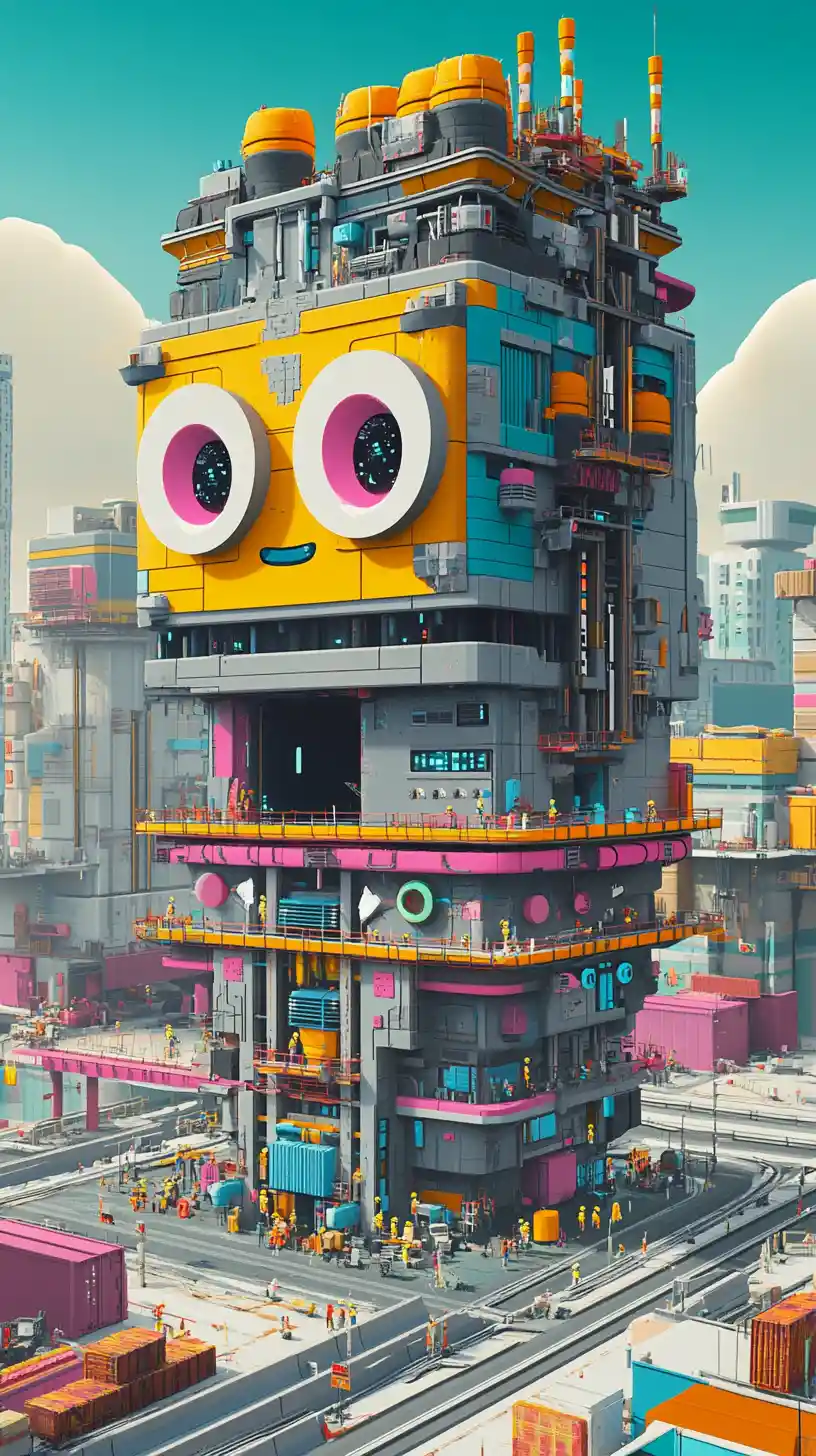 Edificio futuristico giocoso con volto cartoon in una città affollata