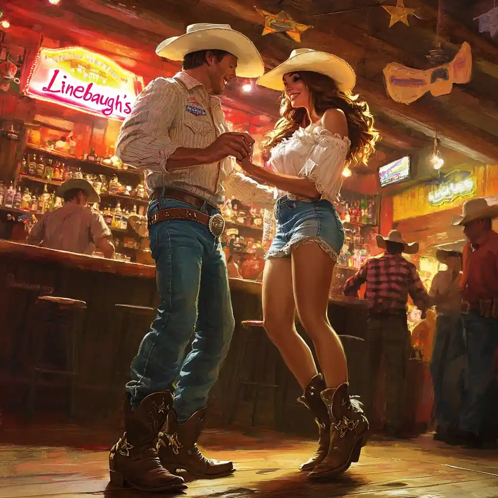 Cowboy musculoso dançando com cowgirl em bar esfumaçado de neon