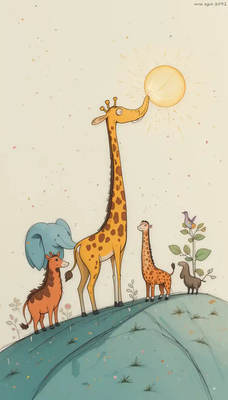 Simpatici animali dello zoo in stile cartone che cercano di raggiungere il sole