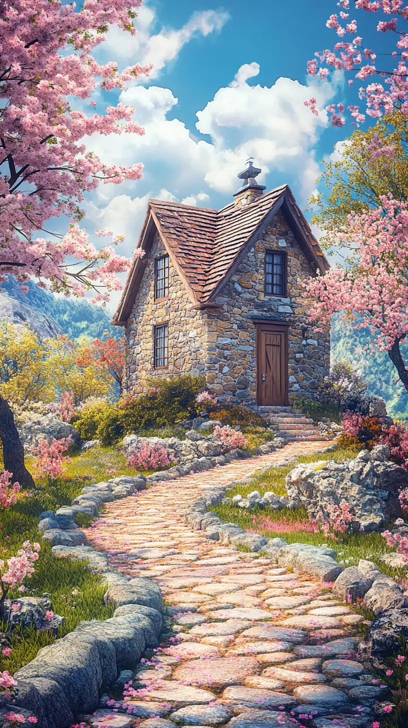 晴朗春日中綻放櫻花間的石造小屋