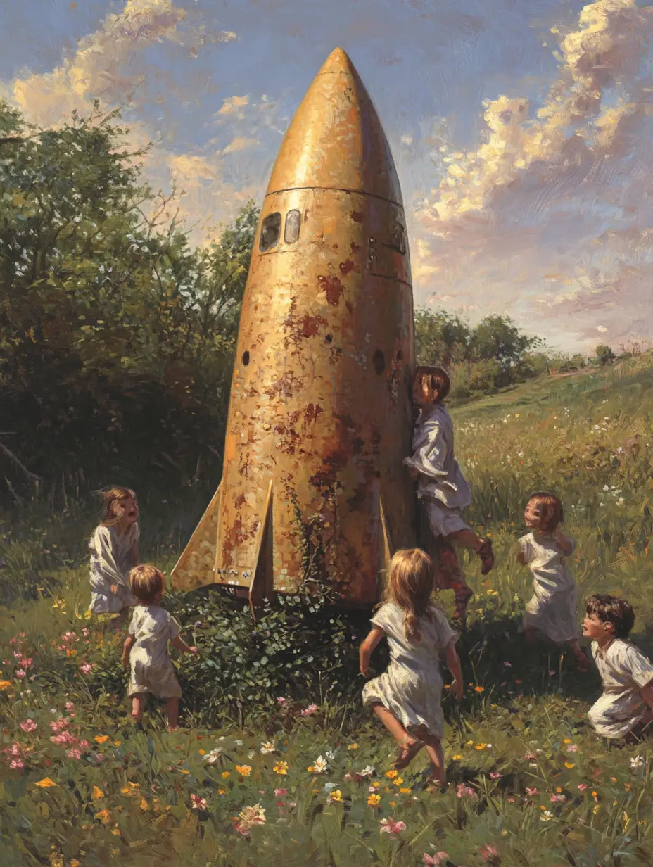 Kinder klettern auf einer alten Rakete in einem sonnigen Hof