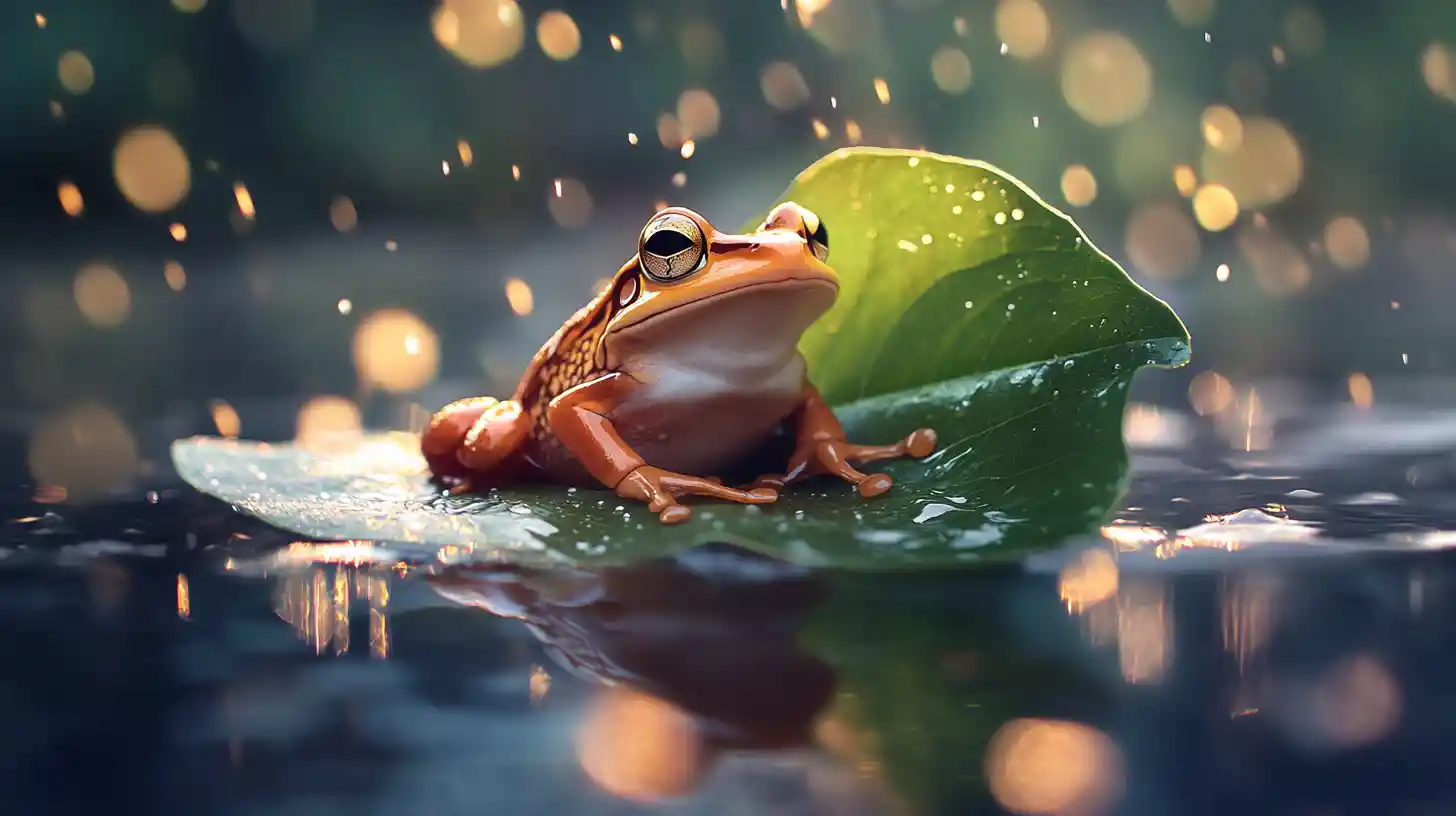 雨中躲在葉子下的可愛青蛙