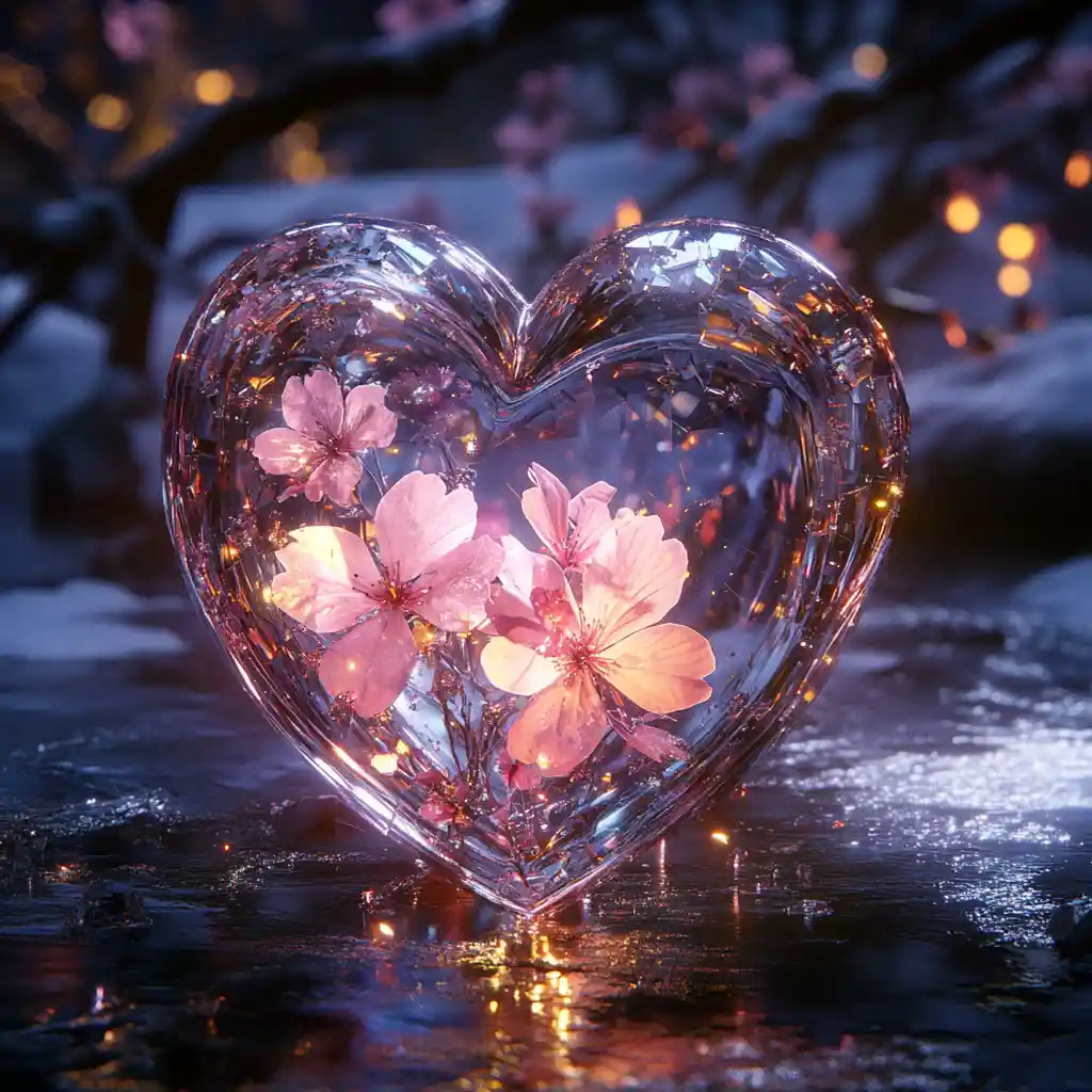 Diorama cuore di cristallo con sakura e lucciole
