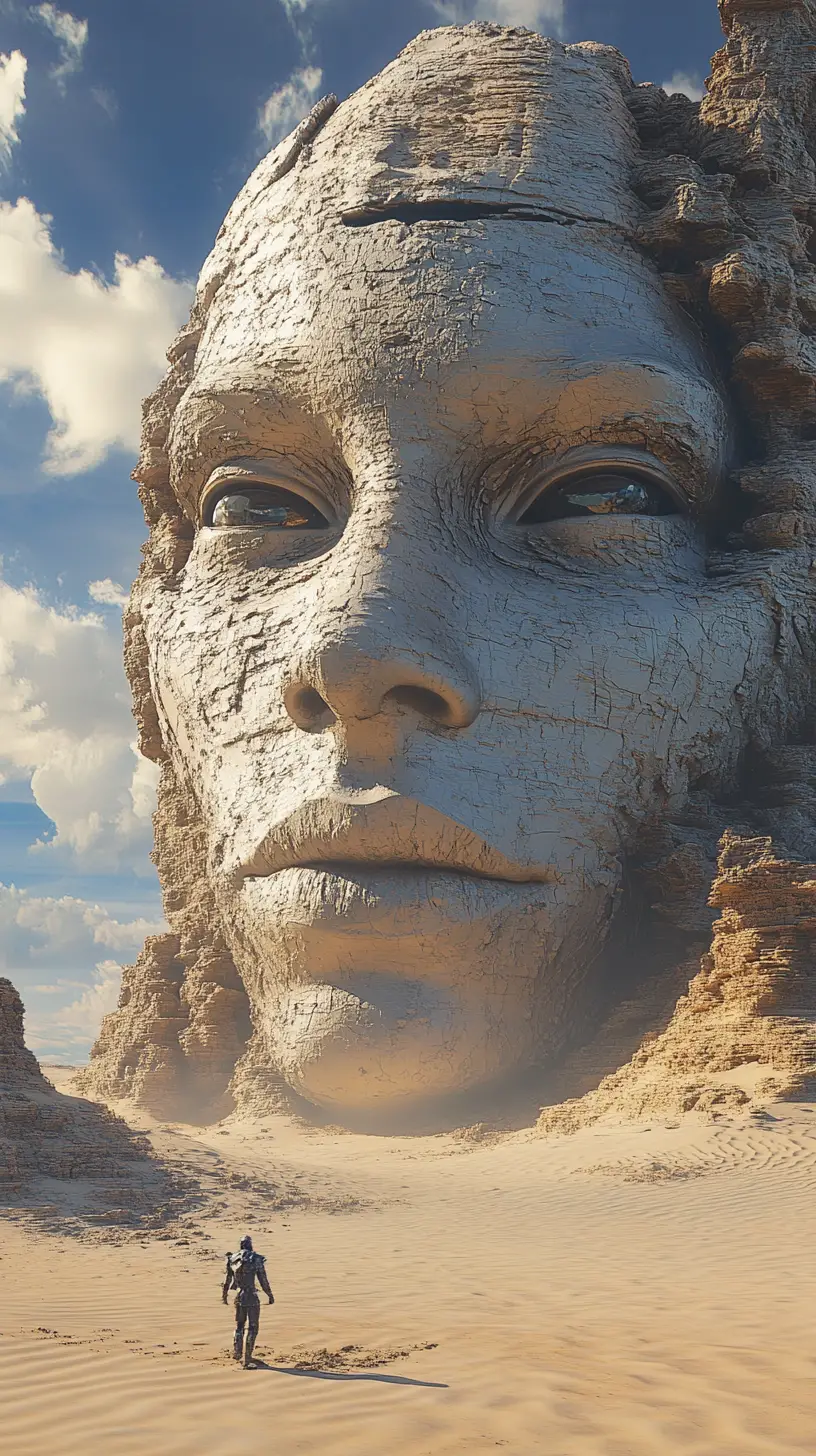 Surreales humanoides Gesicht, das aus einer weiten Fantasy-Wüste aufsteigt