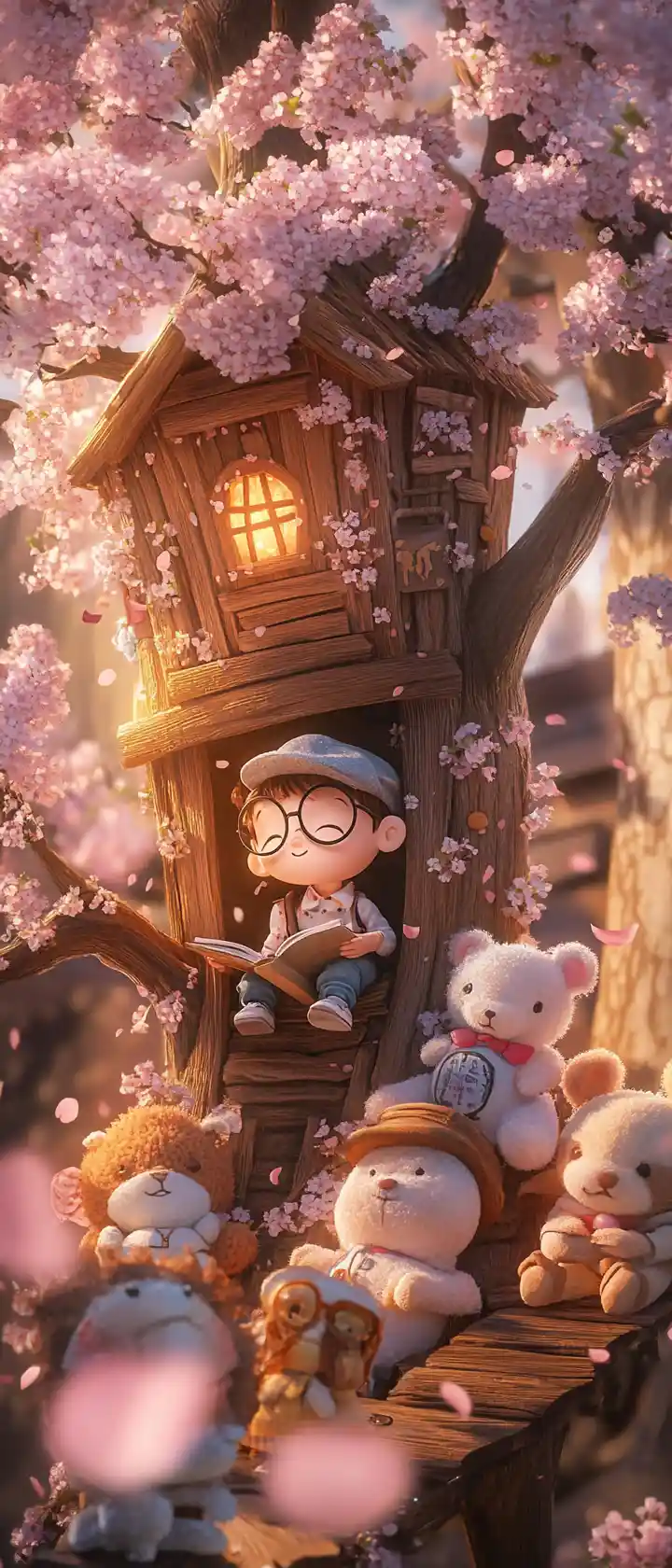 Anime-Junge liest in einem verspielten Kirschblüten-Baumhaus