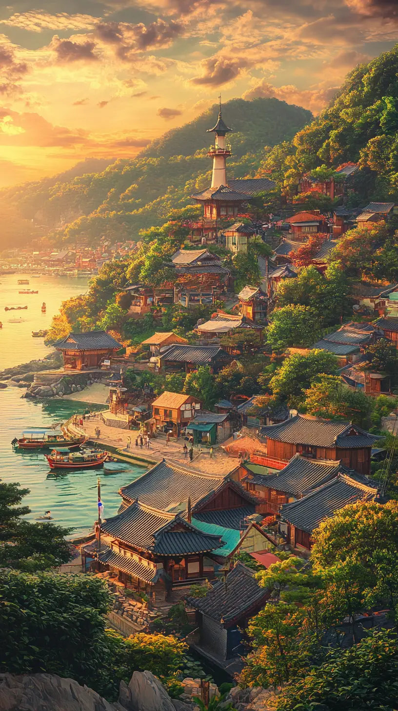 Village côtier coréen aux toits en terre cuite et bateaux au port