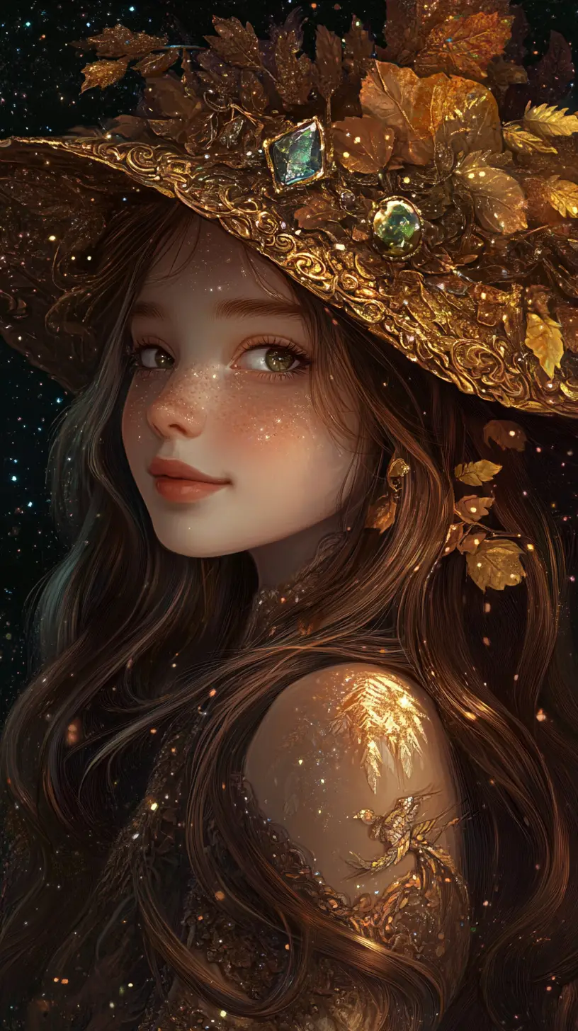 星空下戴著金色帽子的空靈少女