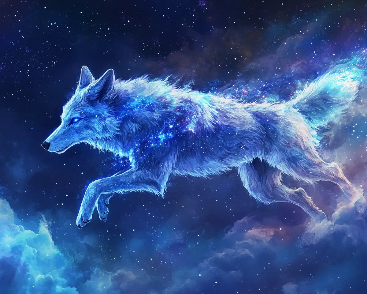 Loup mystique d’étoiles courant à travers le ciel nocturne