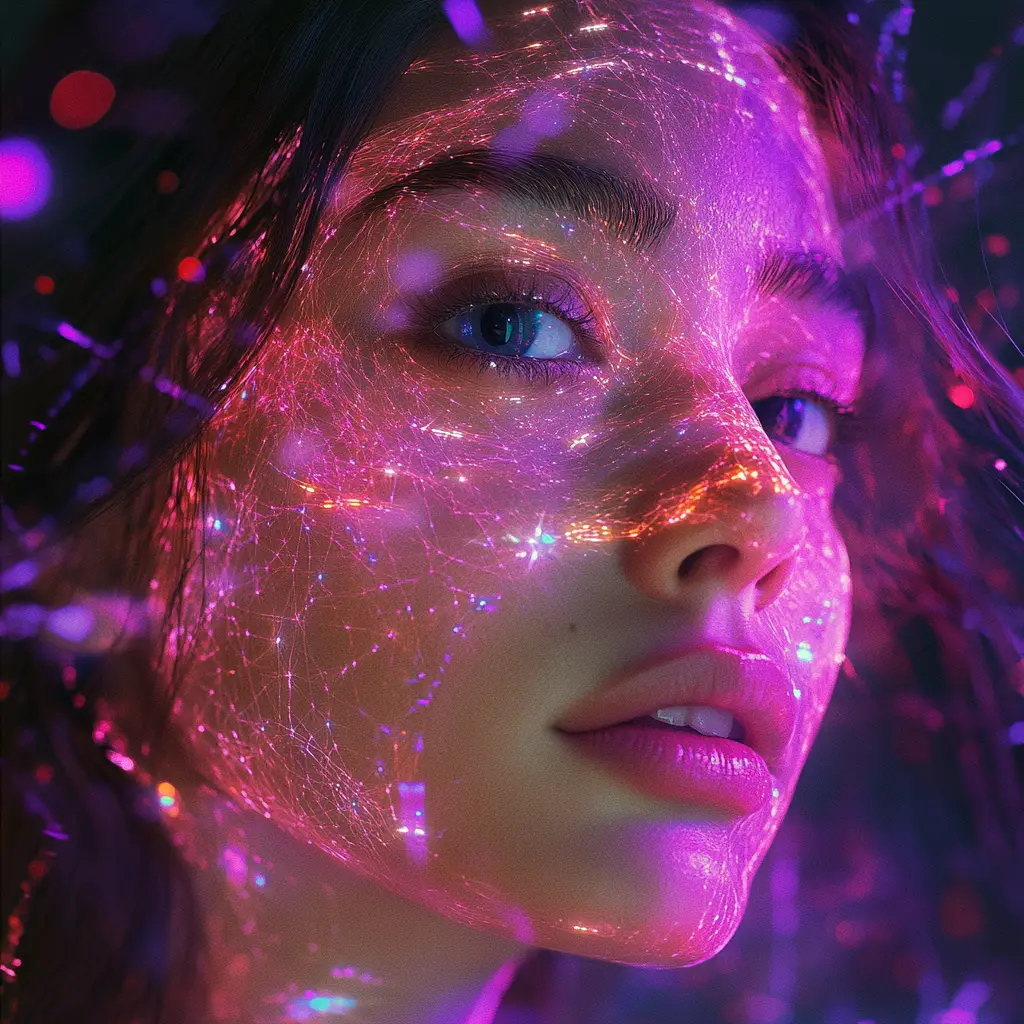 Femme oracle aux yeux holographiques dans un sanctuaire fractal cosmique