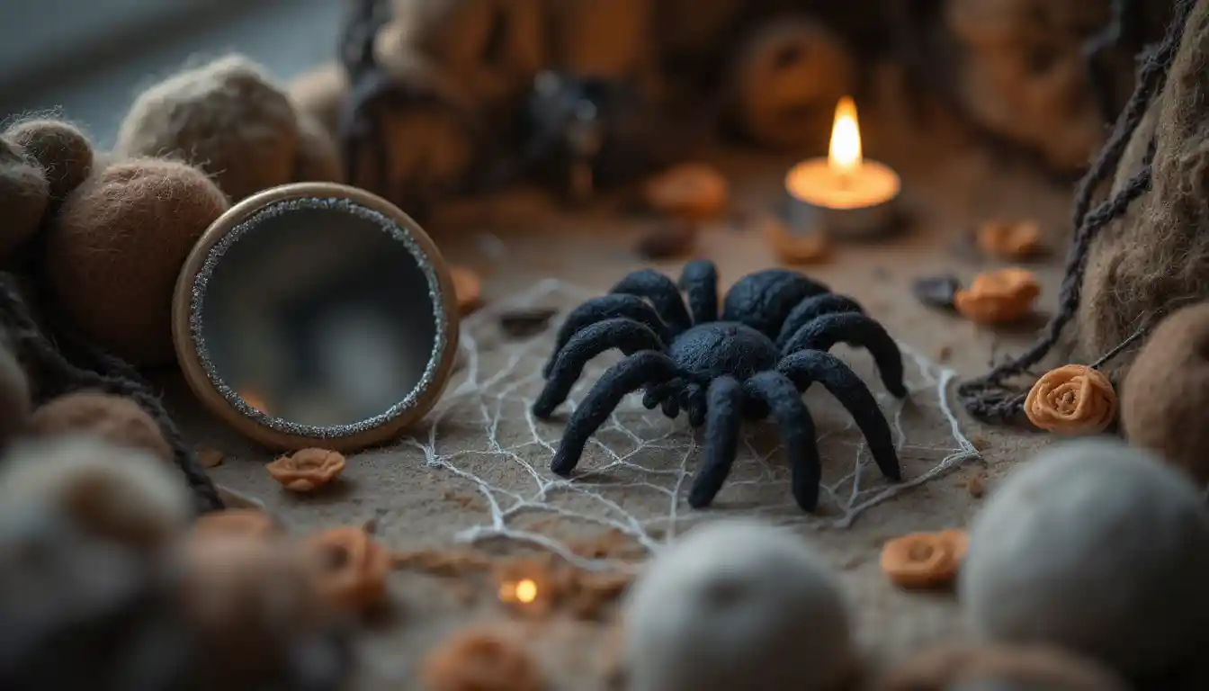 Filzspinne und Spiegel in einem magischen Woll-Diorama