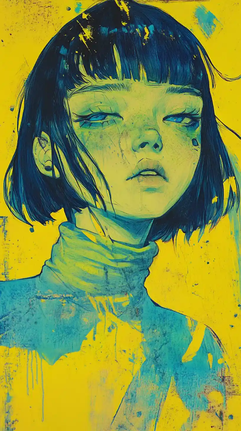 Ecstatic anime girl in post apocalyptic ink painting scene