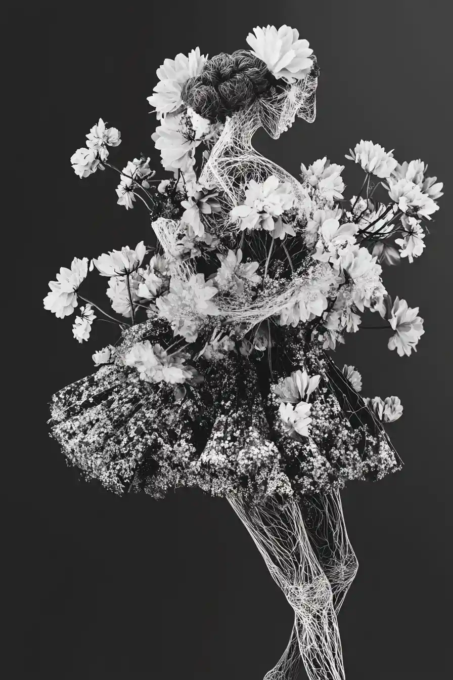 Donna surreale 3D intrecciata con rami floreali in fiore