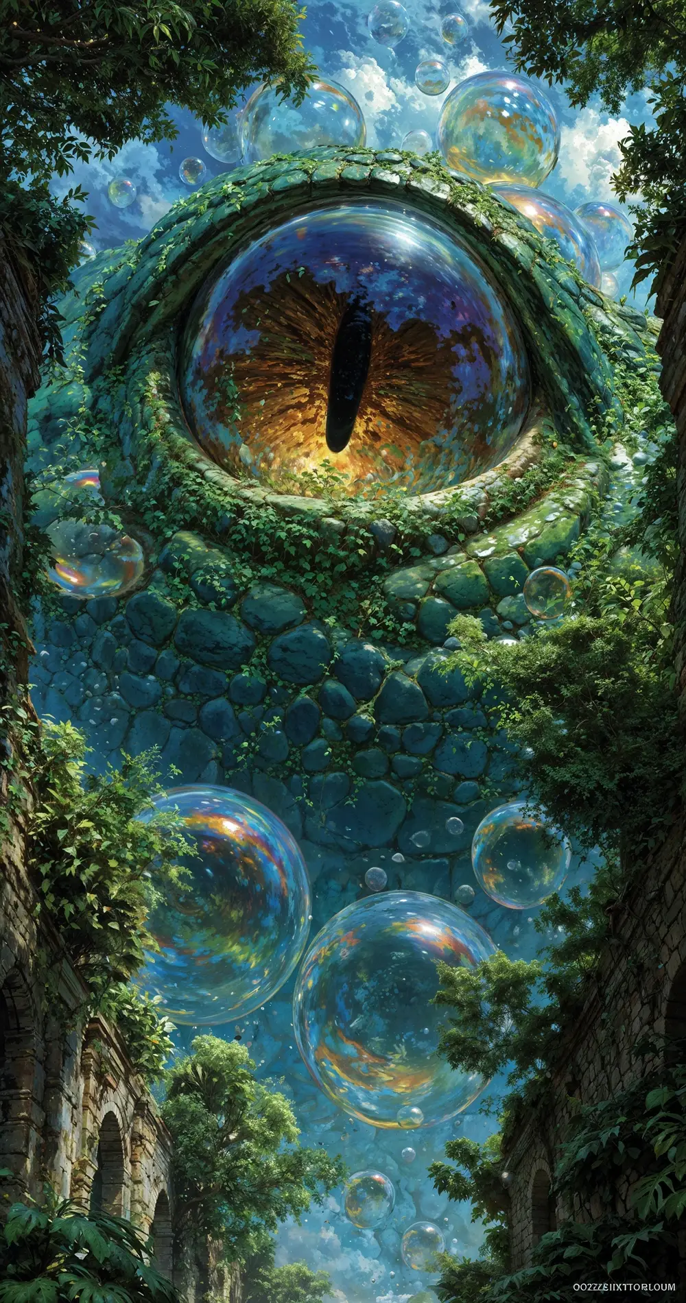 Œil reptilien colossal et lumineux au‑dessus de ruines et de bulles