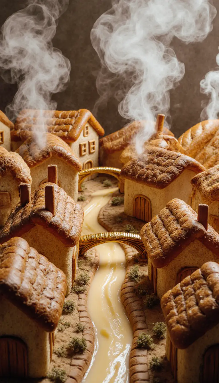 Verspieltes Brotdorf mit Brezelnstraßen und Butterflüssen