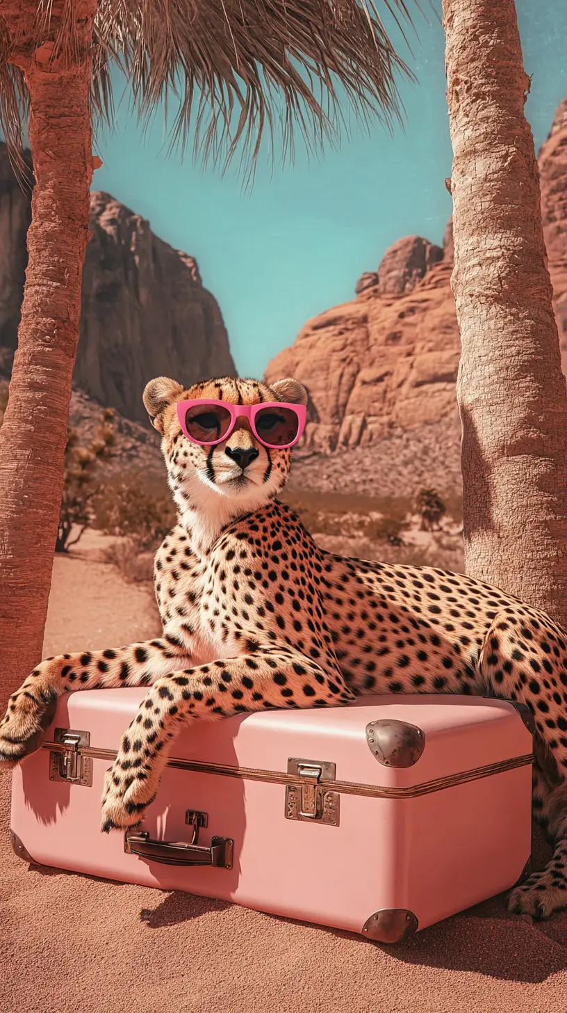 Guépard stylé sur valise rose dans un paysage désertique
