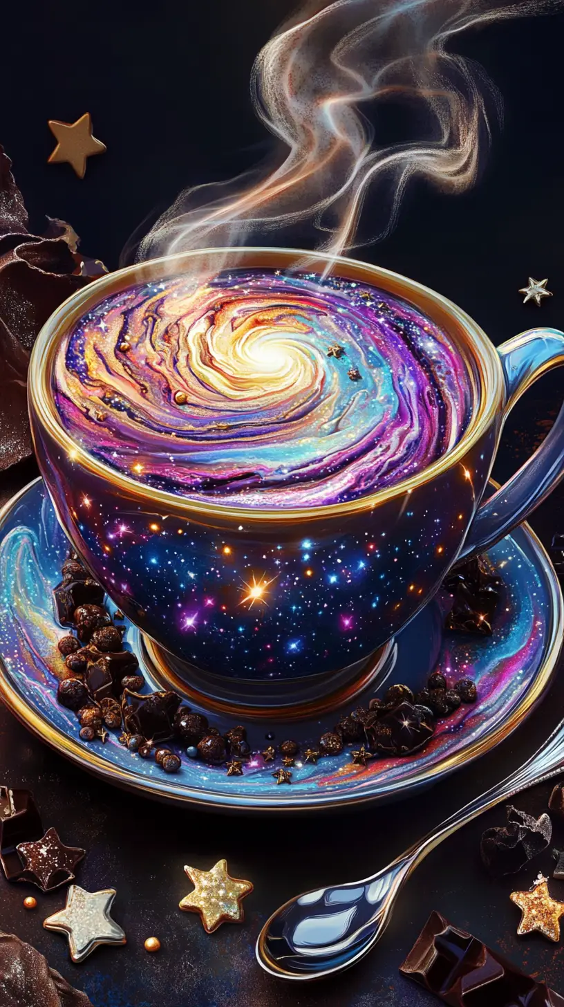 Cosmic latte dall’alto in una tazza da tè di ceramica luminosa