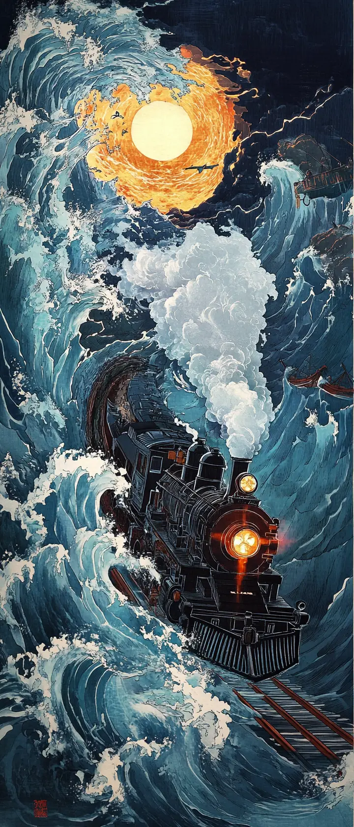 蒸汽龐克龍列車飛馳穿越暴風海洋隧道