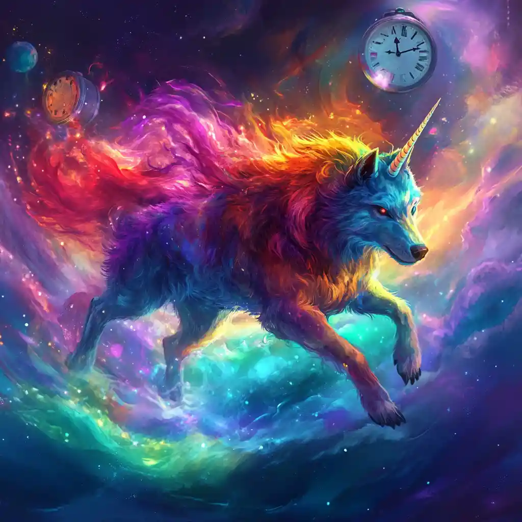 Loup cornu arc-en-ciel courant à travers une galaxie cosmique