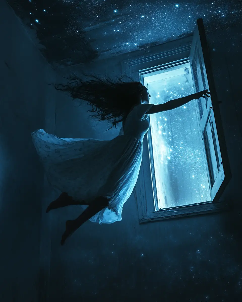 Donna che fluttua verso una porta luminosa nell’oscurità onirica