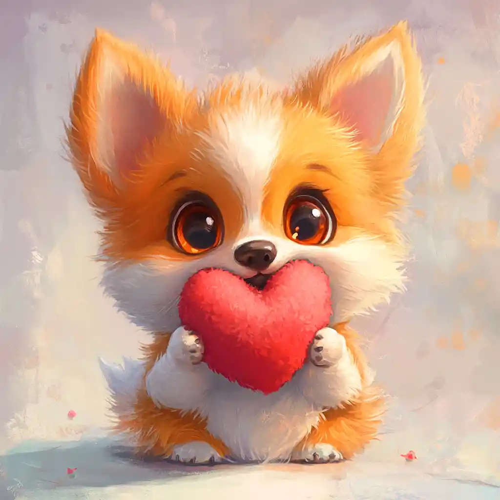 Adorabile corgi chibi con un cuore di peluche in bocca
