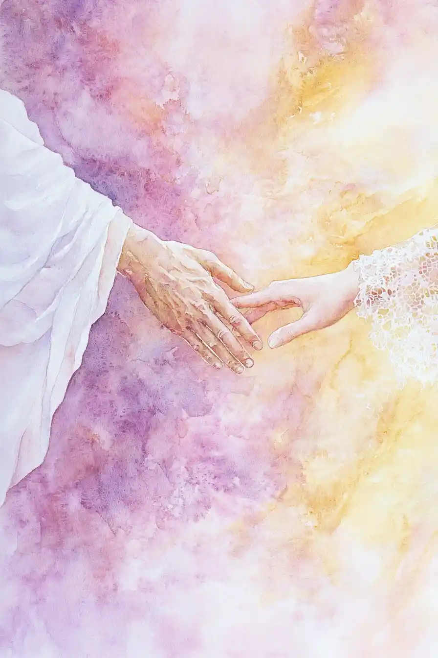 Watercolor hands reaching from heaven in soft pastel light