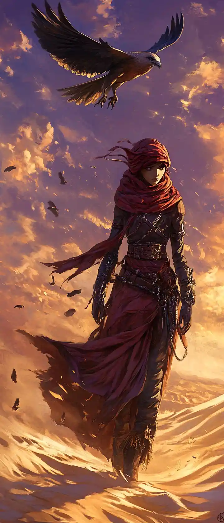 Anime falconer girl in red scarf over desert dunes
