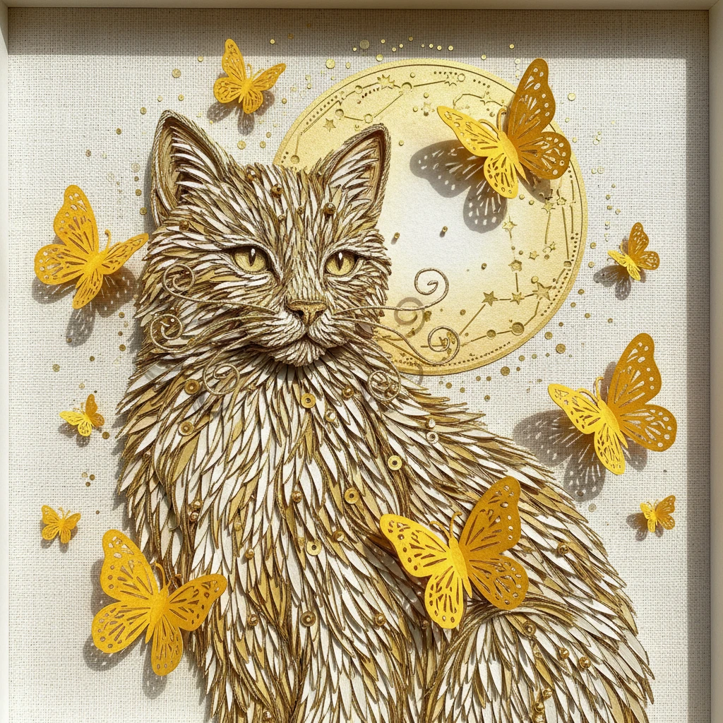 Gato luxuoso em arte de papel com borboletas douradas