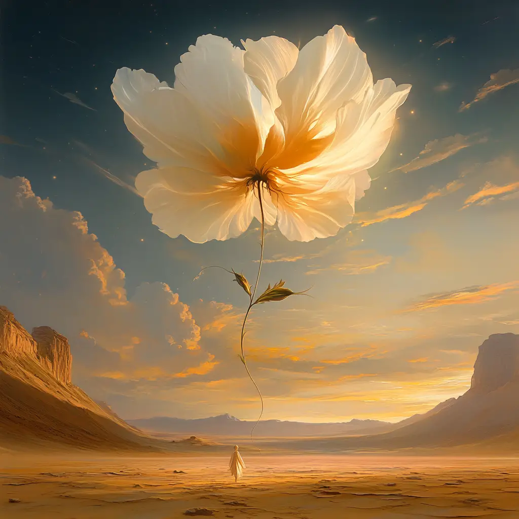 Fiore fluttuante surreale sopra un deserto brullo al crepuscolo