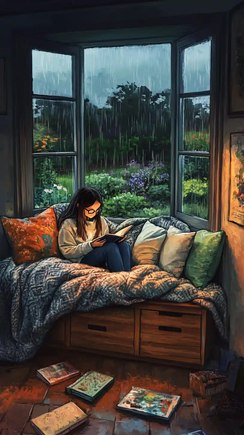 Girl Reading By A Rainy Window In A Cozy Nook