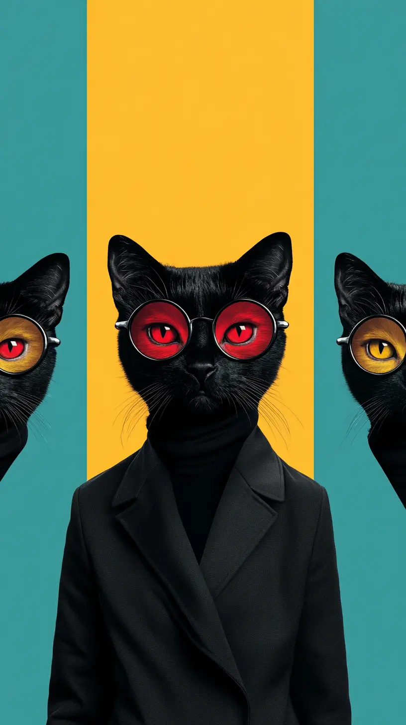 猩紅雙眼黑貓的超現實三聯畫