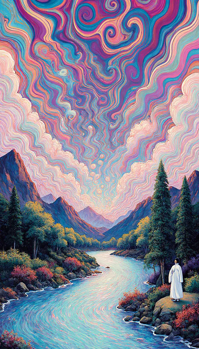 奇幻河流與遠山樹林畫作