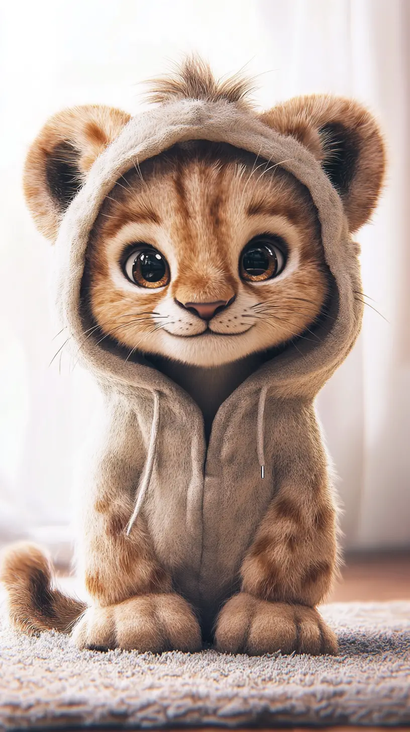 Süßes Löwenjunges im Hoodie, das auf weichem Teppich spielt