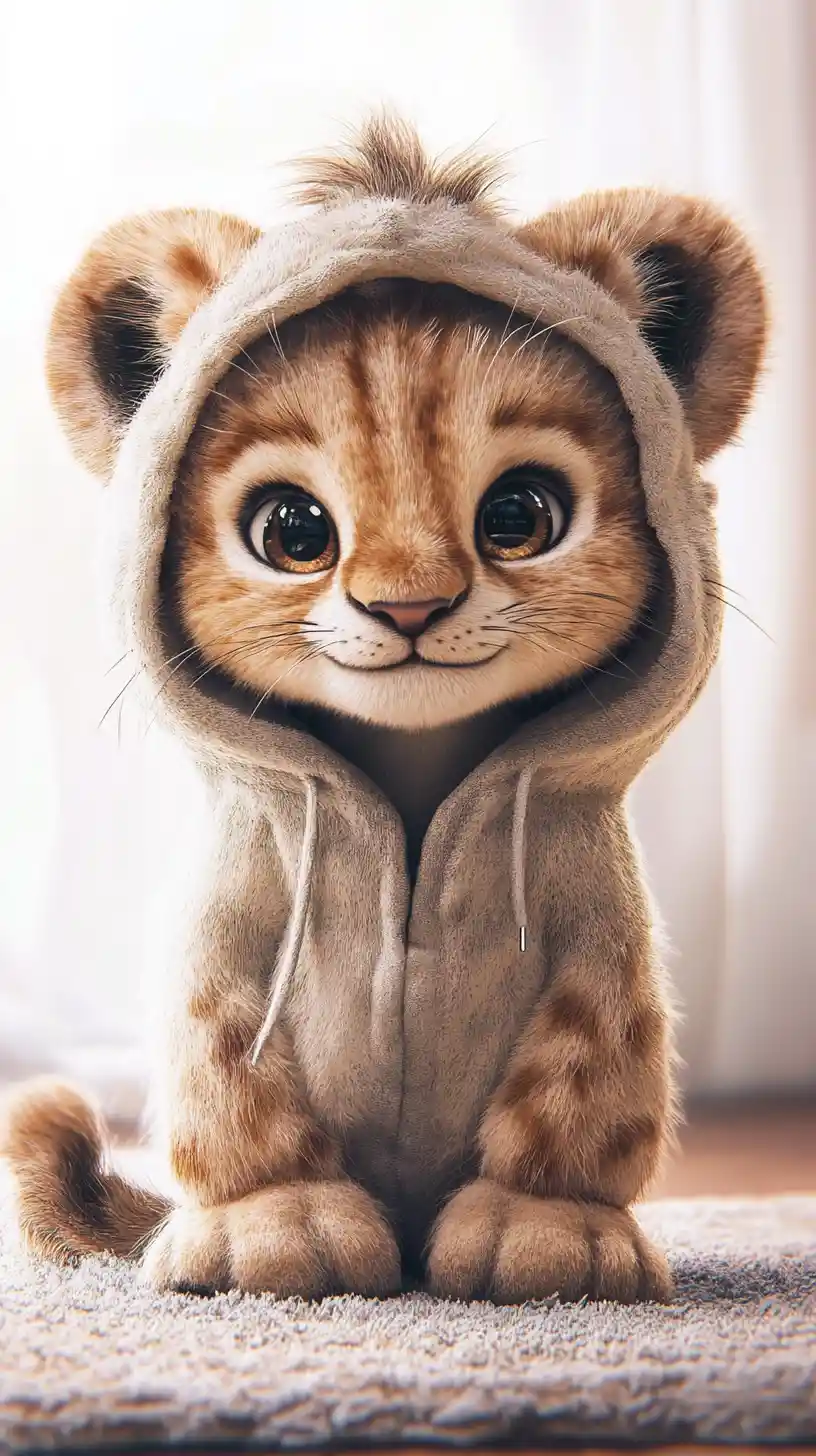 Cute lion cub in hoodie playing on soft carpet
