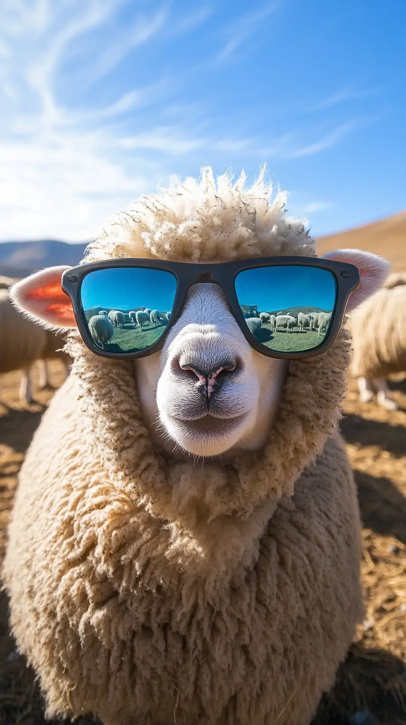 Lächelndes Schaf mit Sonnenbrille in sonniger ländlicher Landschaft