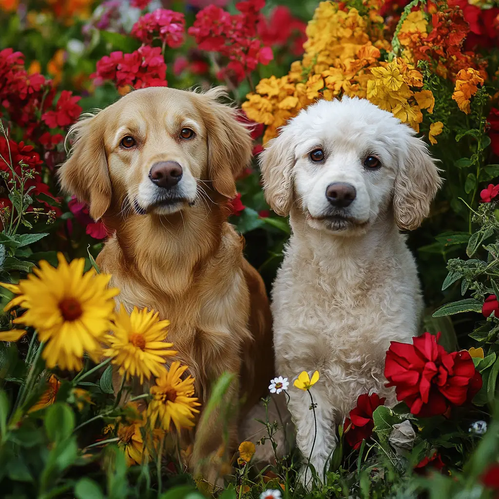 Niedliches Gruppenportrait von Hunden im Blumengarten