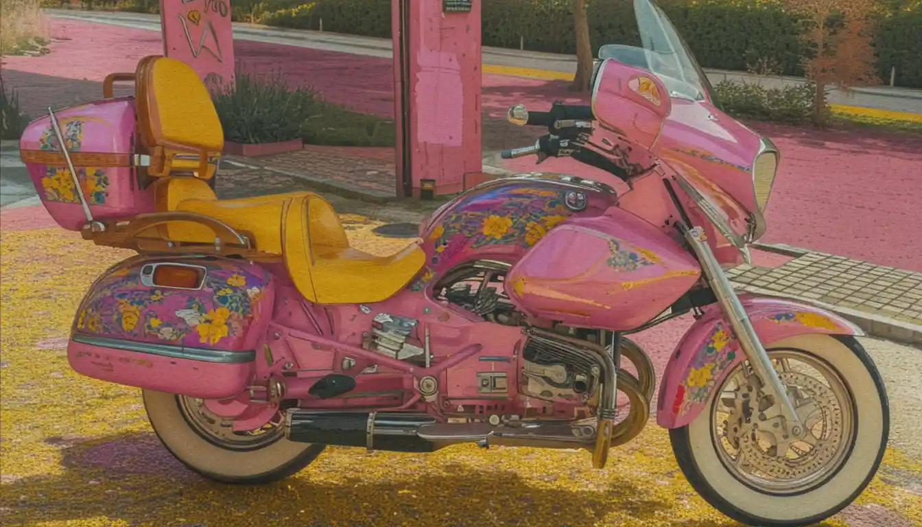 Jeune femme élégante à moto en robe fleurie