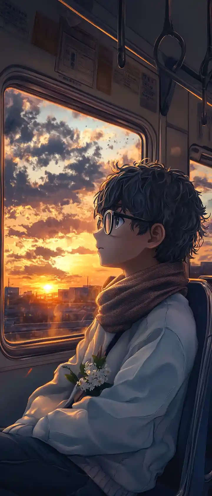 Ragazzo anime su un treno vuoto che guarda il tramonto