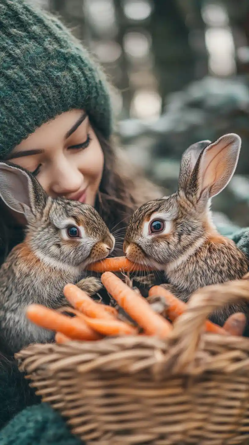 Giovane donna che dà da mangiare carote ai conigli in una foresta invernale