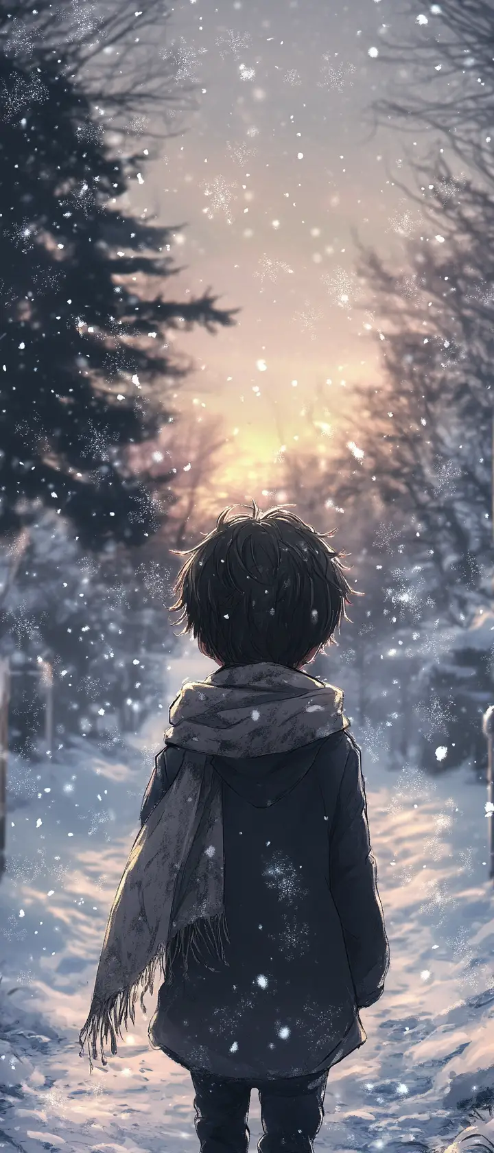 在雪山小徑獨自行走的動漫男孩
