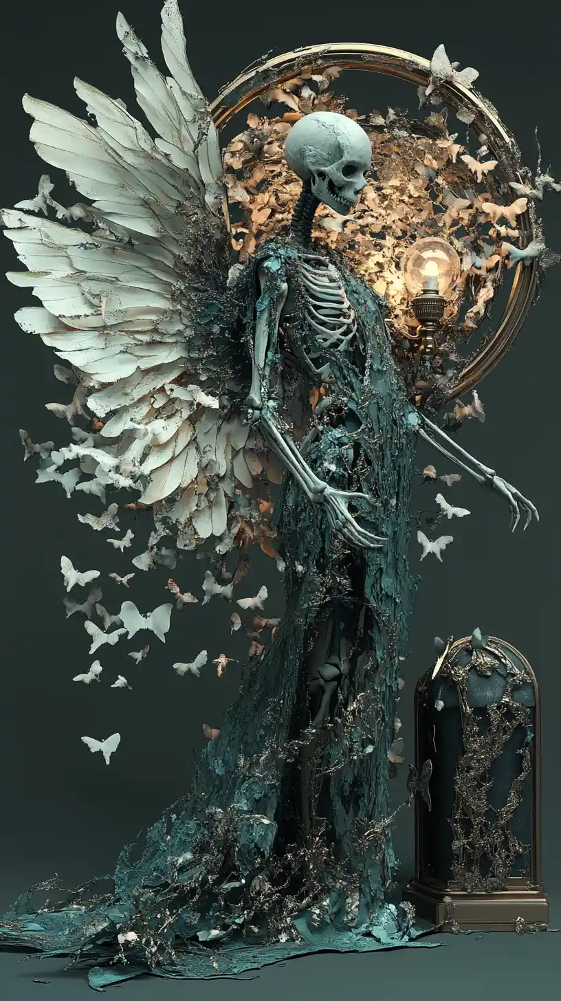 Skeletal angel guarding a coffin by golden lamp light