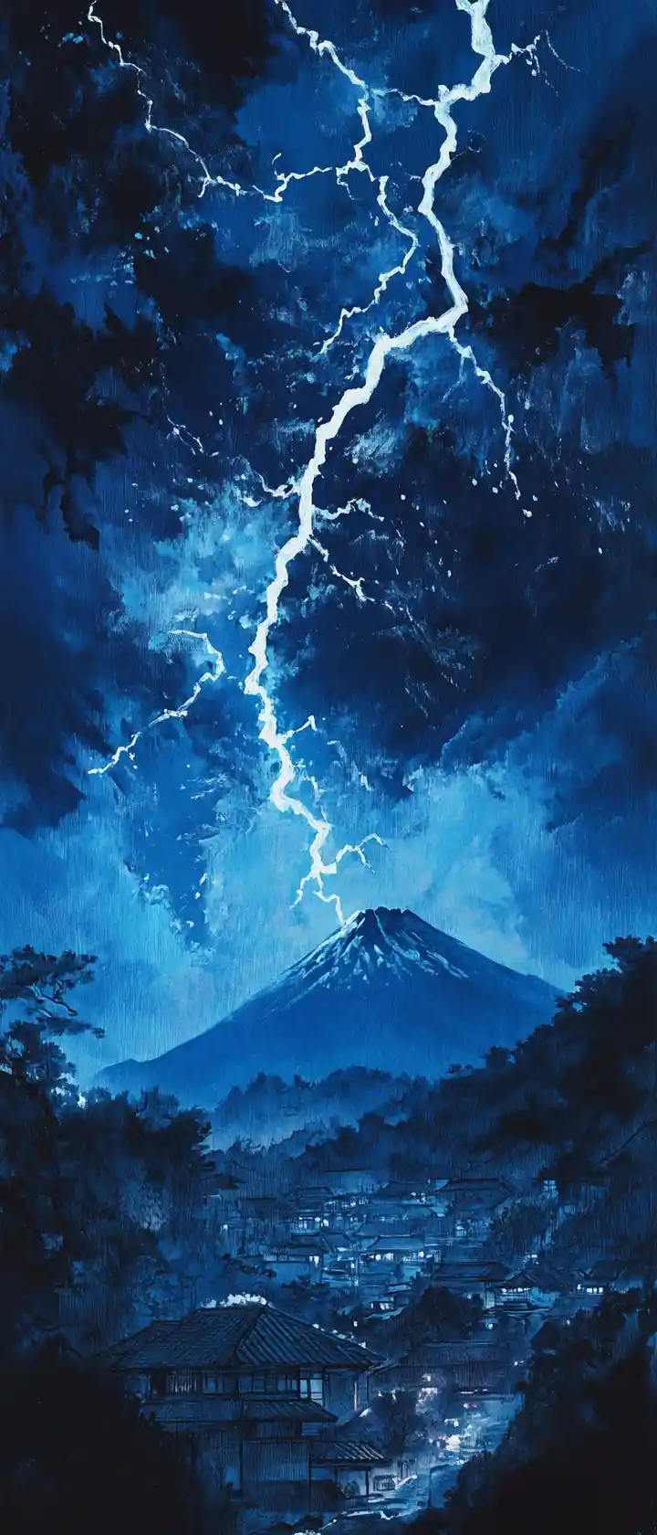 Blitze über dem Fuji in dramatischer Ukiyo-e-Landschaft