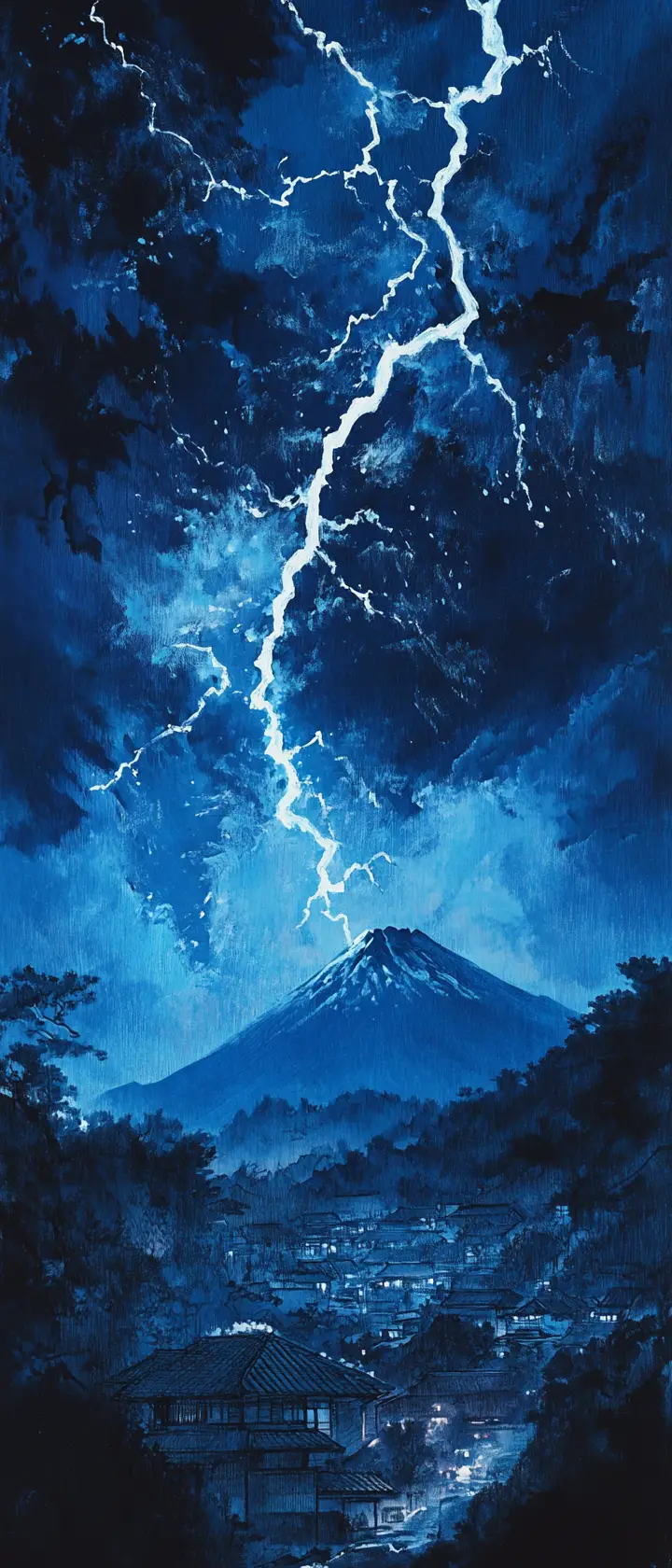 雷電劈裂富士山的戲劇性浮世繪風景