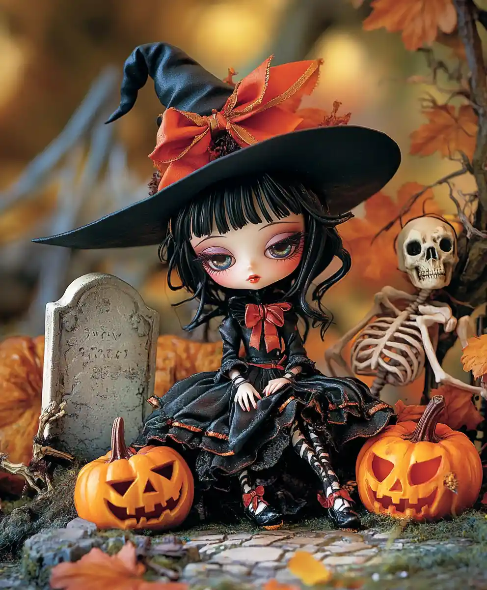 Figura di strega anime in una giocosa scena di cimitero di Halloween