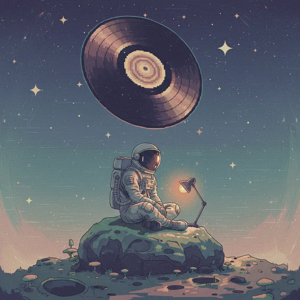 Astronaute se reposant sur un rocher lunaire sous un disque vinyle flottant
