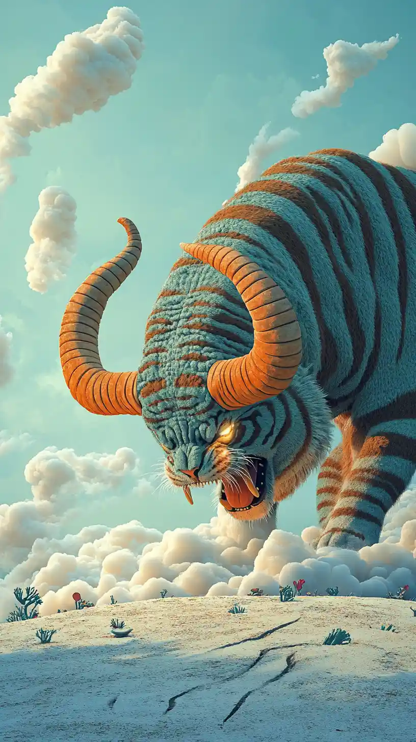Créature tigre mythique avec cornes et souffle de braises incandescentes